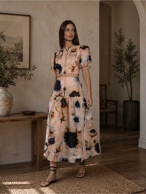 Karina Grimaldi Devi Skirt Linen Peach Monet Size Large NWT $268